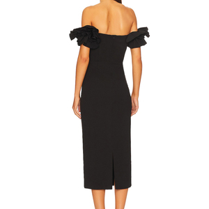 Vestido Midi ajustado de noche elegante para mujer fabricante de ropa personalizada negro Ponte sin mangas con hombros descubiertos y volantes - Product Image 3