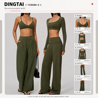 Ensemble de yoga Dingtai pour femme, haut court à col en U et manches longues, pantalon large, brossé, antidérapant, rembourré, effet ventre plat, extensible dans quatre directions, séchage rapide