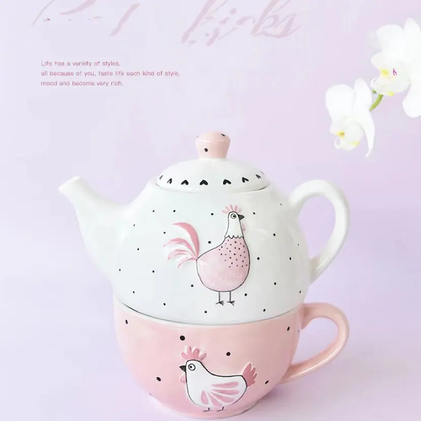Chaleira de cerâmica de páscoa para chá, conjunto de chá e bule de cerâmica uma copo rosa de galinha dourada