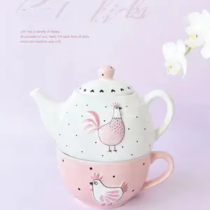 批发复活节陶瓷茶具下午茶一杯一壶粉色金色鸡茶壶和杯茶具