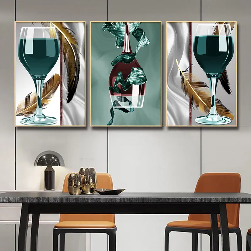Wine Glass With Feather Canvas Prints Paintings Nordic Abstract Dining Room Kitchen Decoration Posters Modern Wall Art Picture