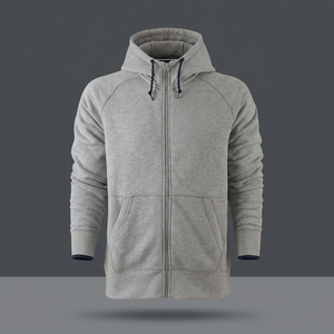 Men's Gray Full <b>Zip</b> Hooded Sweatshirt Raglan Sleeve Solid Color Casual Breathable French Terry Knit <b>Hoodie</b> Autumn Wear - Product Image 4