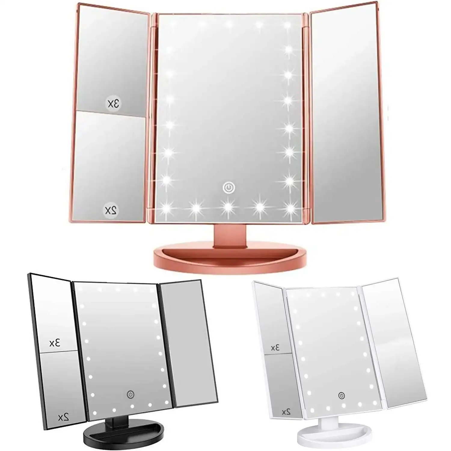 Specchio cosmetico da tavolo ingrandimento della rotazione di 180 gradi specchio per il trucco 3x/2x con specchio da trucco a tre ante con luce