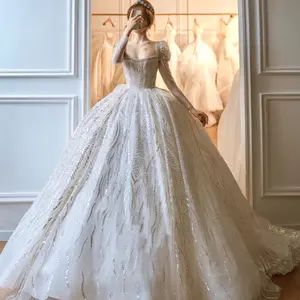 Robe de mariée à manches longues, grande queue, ciel étoilé, rêveuse, col carré, paillettes, moelleux, nouvelle collection