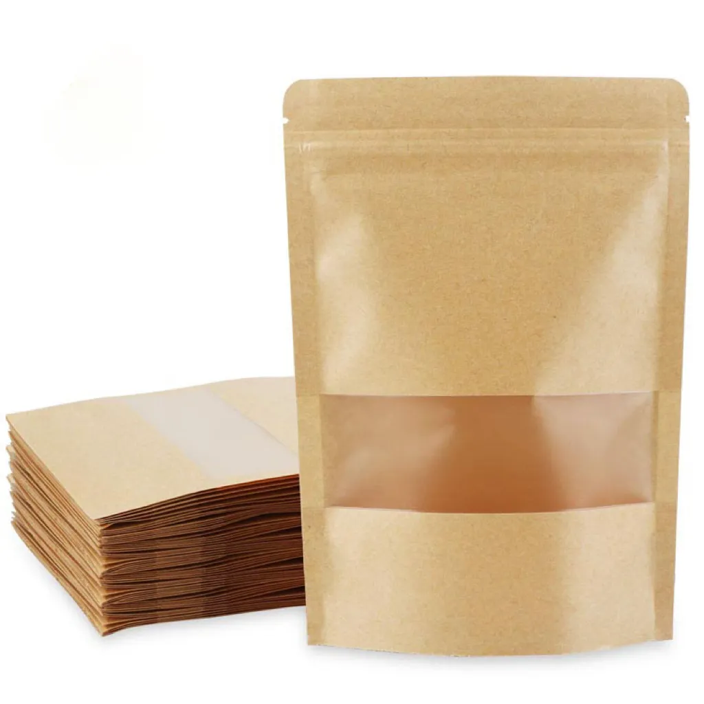 Vendita all'ingrosso di cibo riciclabile con chiusura a cerniera sacchetto di carta Kraft con finestra trasparente