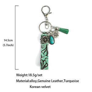 Porte-clés en cuir de vachette véritable gaufré style western rétro, avec tête de taureau, cactus, tournesol et pompon, pour homme - Product Image 4