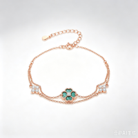 Bracelet à maillons pour femme en or rose plaqué S925 avec malachite et trèfle à quatre feuilles, luxe et haute couture