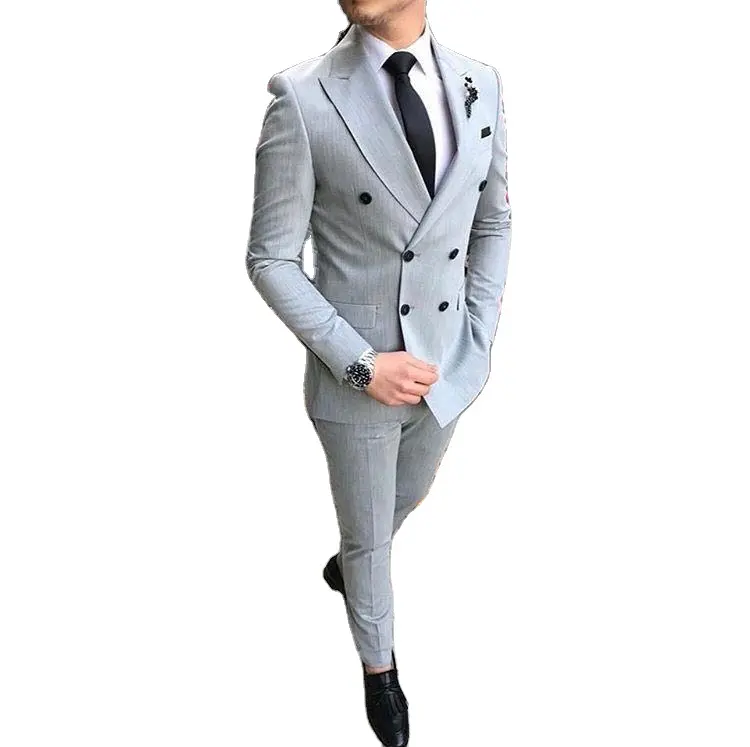 Grey Men Suits Double Breasted Ontwerp 2 Stukken Formele Mannen Dragen Voor Wedding Prom Dress Blazers
