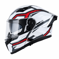 Casque de moto modulaire relevable à double visière (transparente et anti-soleil) avec graphismes blanc brillant, rouge et noir, mentonnière et aérations supérieures et arrière, pour adulte