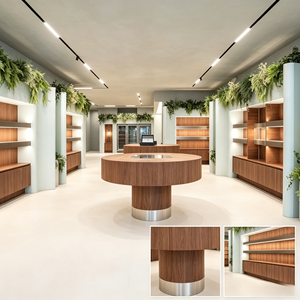 Custom Wood Display Shelving Island Checkout Desk For Pharmacy Boutique Store Commercial Shop Interior Design - Product Image 1
