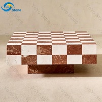 Table basse en marbre rouge sur mesure, motif damier, carrée, de luxe, en pierre, pour salon, avec socle
