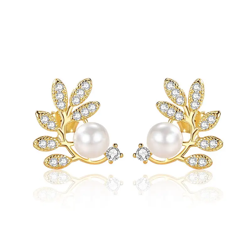 925 Sterling Silver Zircon Leaf Freshwater Pearl Stud Earring For Women Fashion Jewelry Supplier Statement Luxury Earring