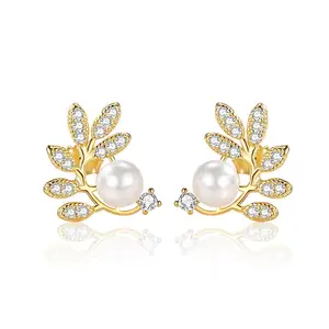 925 sterling silver zircon leaf freshwater pearl stud earring for women fashion jewelry supplier statement luxury earring