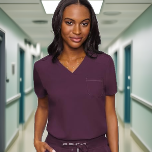 Haut de blouse médicale pour femme Med <span class=keywords><strong>Couture</strong></span>, col en V, coupe moderne, à enfiler, épaules extensibles en maille côtelée, poche poitrine, en polyester tricoté - Product Image 2