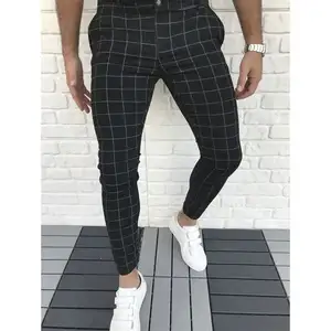 Calça xadrez com zíper para homens, calça masculina skinny fit com bolsos