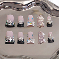Faux ongles à presser faits main, courts, noirs, motif Serpent Français et Canard, de luxe, haute qualité, avec étoiles en diamant, couvrance totale, en acrylique, pré-conçus, 10