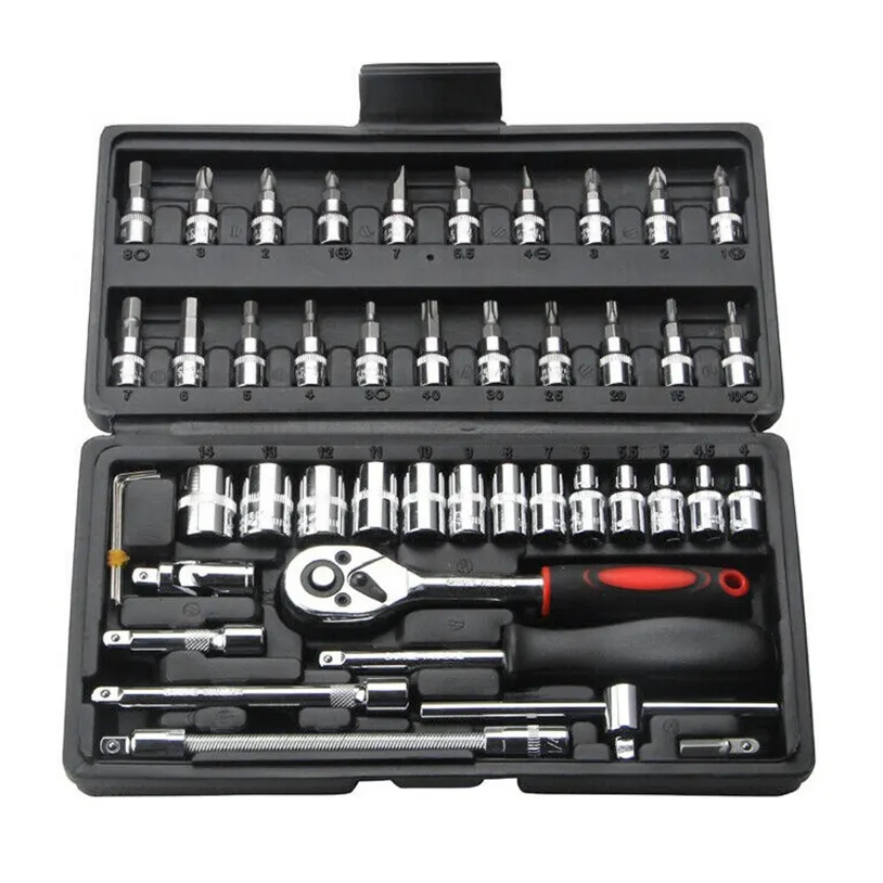 46-Piece 1/4-Inch Obeng Drive Socket Bit Set Ratchet Wrench Tools Kit untuk Perbaikan Otomatis