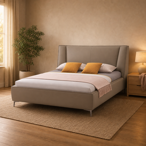 Lit minimaliste à tête de lit haute capitonnée en cuir, cadre plateforme rembourré, pieds en métal, taille King, pour chambre d'amis - Product Image 2