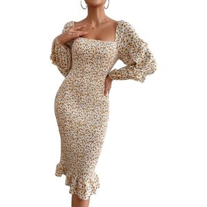 Robe moulante mi-longue à fleurs pour femme FOXA, col carré, manches bouffantes, robe de cocktail smockée style sirène - Product Image 1