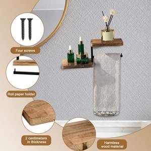Porte-papier en bois avec étagère, porte-papier avec étagère pour salle de bain, étagère murale en bois pour le rangement du papier toilette, porte-papier toilette - Product Image 4