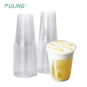 FULING Crystal Clear PET Custom Logo Printed Milkshake Smoothie Plastic Cups 12 Oz With Lids