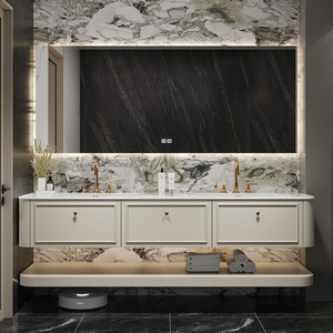 Modern Solid Stone Slab Seamless Integrated Basin Smart <b>Mirror</b> Solid Wood Lacquered Melamine Board Bathroom Cabinet - Product Image 5