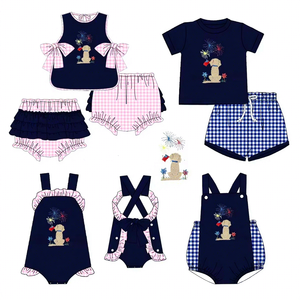 Nouveaux ensembles de vêtements pour enfants pour le 4 juillet, shorts pour enfants, broderie de chien, vêtements pour enfants en vichy rose - Product Image 1