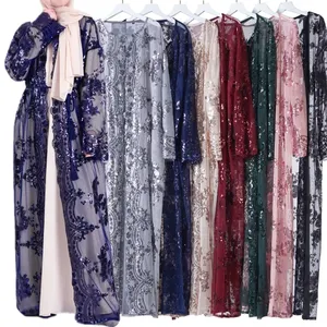 Ventes directes d'usine personnalisé nouveau kimono musulman dentelle maille broderie cardigan gros paillettes avant ouvert abaya caftan