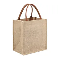 Jute-Burlap Tote Bag with Leather Handle, 2 Pack Size : 14 x 11 x 6, Thick Burlap Canvas Women Hand Bags