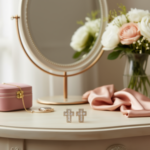 Orecchini a croce in oro bianco con cristalli taglio smeraldo e strass incastonati a canale, gioielli religiosi unisex, idea regalo. - Product Image 2