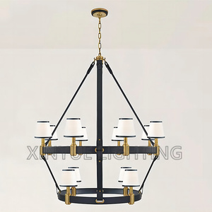 Cercle Anneau <span class=keywords><strong>Riley</strong></span> Grand Lustre En Laiton Massif À 2 Niveaux Avec Garniture En Cuir De Luxe LED Pendentif Lumière Antique Luminaire - Product Image 2