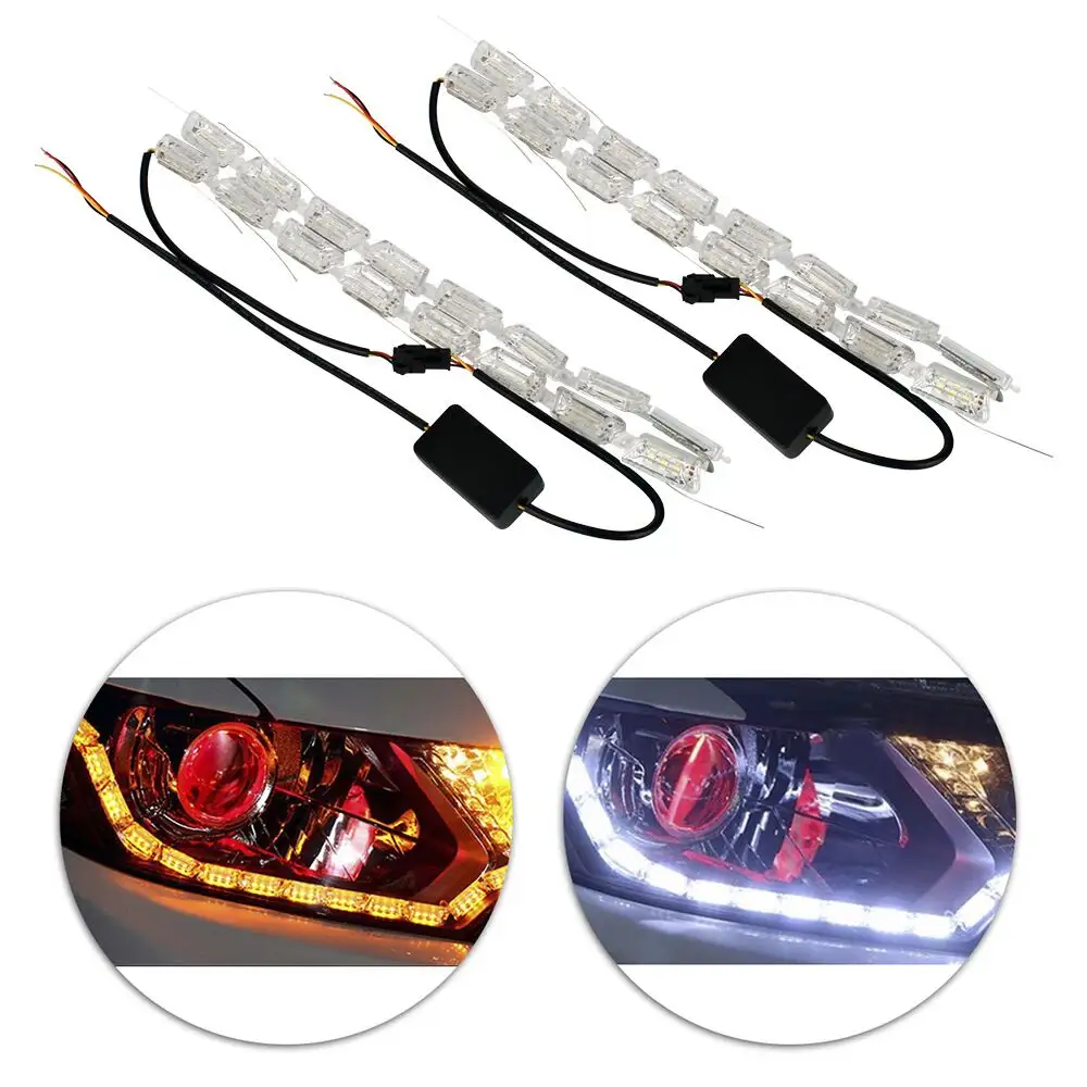 Lampu Depan Mobil LED 12V DC A3 Mode Putih Siang Hari Berjalan + Lampu Sein Kuning Garis Fleksibel Lampu Kristal LED DRL Mobil