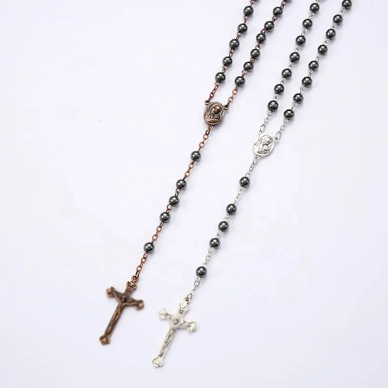 Colar de rosário religioso antigo de hematita 6mm, contas pretas, grãos de pedra de crucifixo, cruz de Jerusalém e Terra Santa