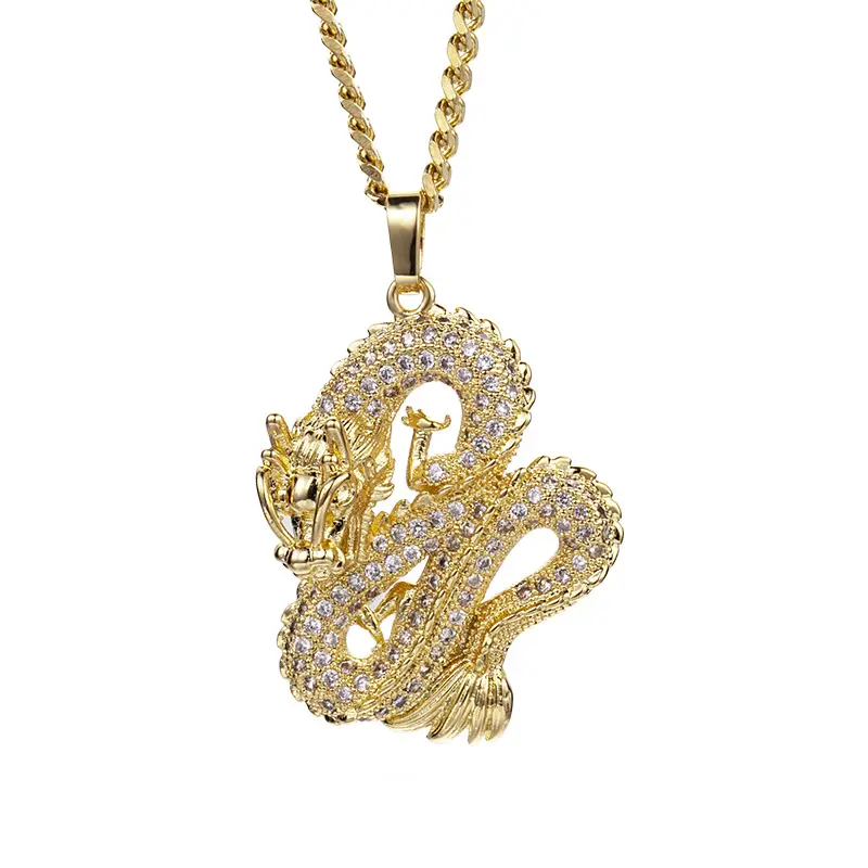 Collar de acero inoxidable enlace cubano cadena zircon zodiac dragon de oro collar