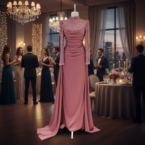 Vestido de Noche Largo hasta el Suelo, Corte en A, Cuello Alto, Manga Larga, Elegante, de Alta Gama, con Lentejuelas, Cintura Natural, Transpirable, para Fiestas y Eventos - Product Image 2