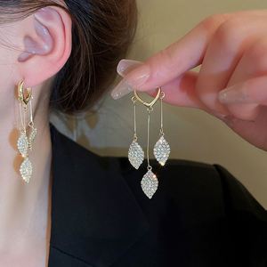 Shiny Rhinestone Leaf Jewelry Tassel Dangle Drop <b>Earrings</b> Gold Plated <b>Stud</b> <b>Earrings</b> - Product Image 1
