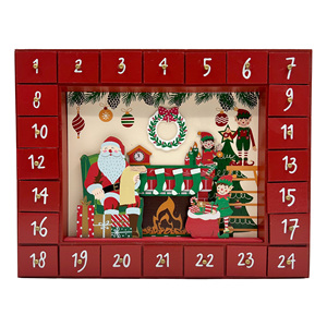 Calendrier de l'Avent en <span class=keywords><strong>bois</strong></span> rouge avec scène du Père Noël et des elfes, boîte de compte à rebours de 24 jours, cadeau surprise de Noël réutilisable, décoration de la maison - Product Image 6