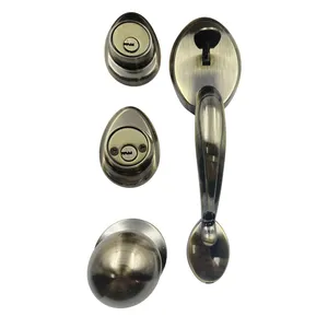 North American Market Antique Brass Front Door Entry Handleset Lock With Single Cylinder Deadbolt Interior With Knob