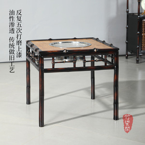 Zhuqi Pavilion Bamboo Square Tea Table With Charcoal Stove For Home Tea Ceremony Asian Style Durable Design - Product Image 2