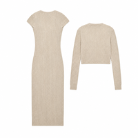 Ensemble Robe Midi et Cardigan en Maille Côtelée Beige Personnalisé Col V Boutonné Devant Moulant Manches Longues OEM Vente en Gros