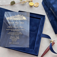 Carte d'invitation de mariage en velours bleu marine avec boîte en velours, invitations de mariage personnalisées en acrylique de luxe et boîte en velours