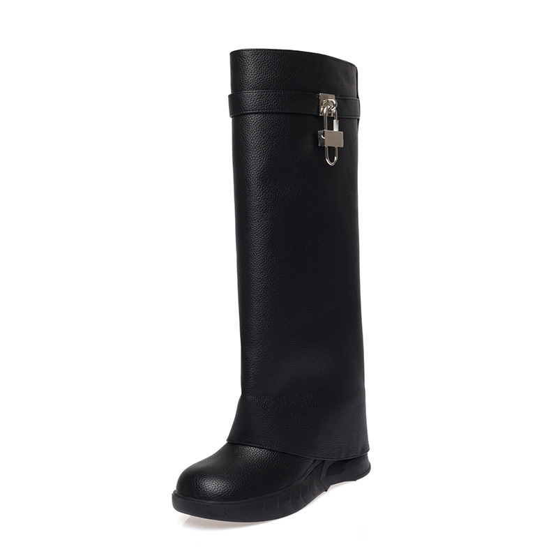 Bottes Hautes Femme Type 'Shark Boots' - Cuir Synthétique, Bout Pointu, Talon Plateforme, Tige Genou - 6