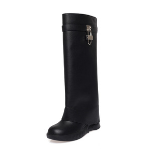 <span class=keywords><strong>Bottes</strong></span> hautes en cuir pour femme à plateforme, style Shark, bout rond en cuir PU avec fermeture à boucle, chaussures pour femme - Product Image 1