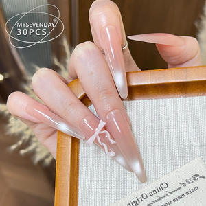 Últimos Modelos 2025, Uñas Postizas Hechas a Mano, 4.0, Delgadas, <span class=keywords><strong>Rosa</strong></span> Nude Degradado, Lazo 3D, Lujo, 30 Piezas, Uñas a Presión - Product Image 1