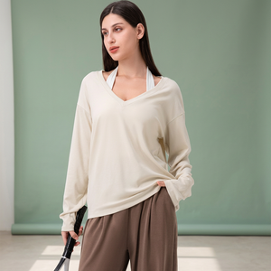 2025 Womens V Neck <b>Long</b> <b>Sleeve</b> Yoga <b>Top</b> Lyocell Spandex Polyester <b>Stretch</b> Soft Skin Friendly Eco Friendly Fitness Activewear - Product Image 4
