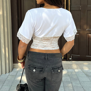 Summer New Y2K Sexy Lace <b>Patchwork</b> Hollow Out V Neck Short Sleeve T <b>Shirt</b> Women Slim Fit Breathable Spandex/Polyester Wholesale - Product Image 6