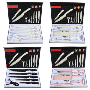 Ensemble de 6 couteaux de cuisine blancs, revêtement antiadhésif en granit, acier inoxydable, avec éplucheur, coffret cadeau premium, stock important - Product Image 2