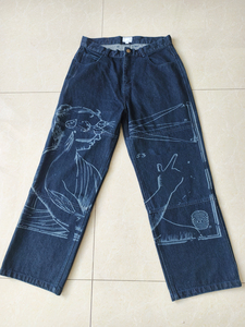 Jean en denim pour homme à double genouillère, coupe ample, en coton épais, indigo délavé, imprimé graphique, style décontracté, artisanal, sur mesure, OEM - Product Image 1