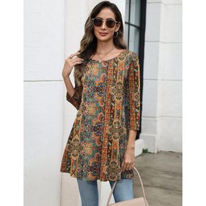 Blusa Bohemia para Mujer, Manga 3/4, Corte Holgado, Estampado Asimétrico, Estilo Casual para Uso Diario, Tallas S-3XL - Product Image 2
