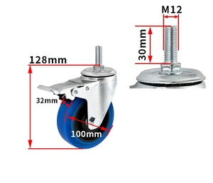 Roulette à usage moyen de tige filetée de 4 pouces 100MM Roulette pivotante bleue en TPR avec double roulement/frein - Product Image 1